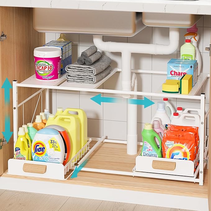 REALINN Extendable Under Sink Organizer, 2 Tier Expandable Under Cabinet Organizer Shelf with Height Adjustable, Retractable Cabinet Storage, White