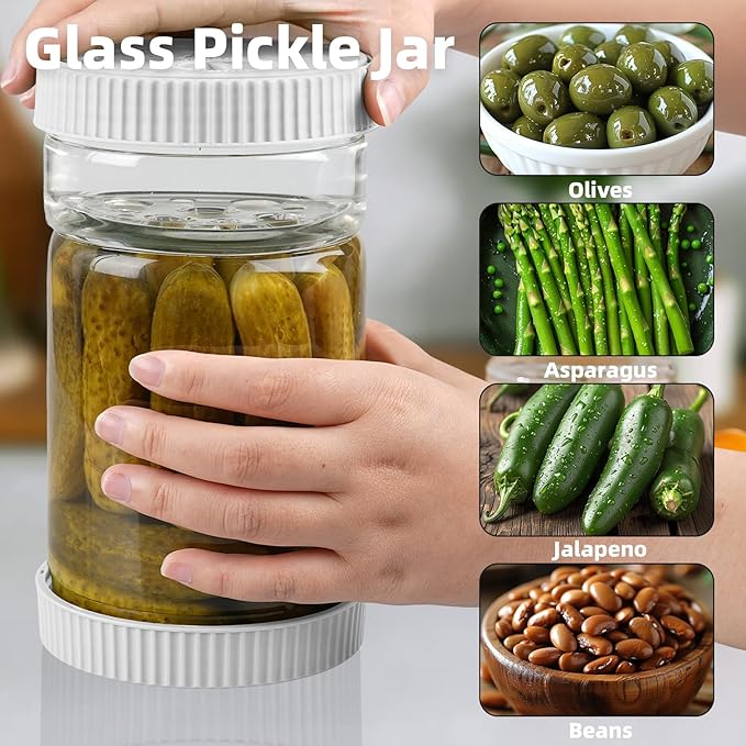 Pickle Jar with Strainer Flip Glass 40oz BPA-Free Airtight Pickles Juice Separator for Olive Jalapeno, Food Storage Containers with Lids for Pickles Lover, Grey