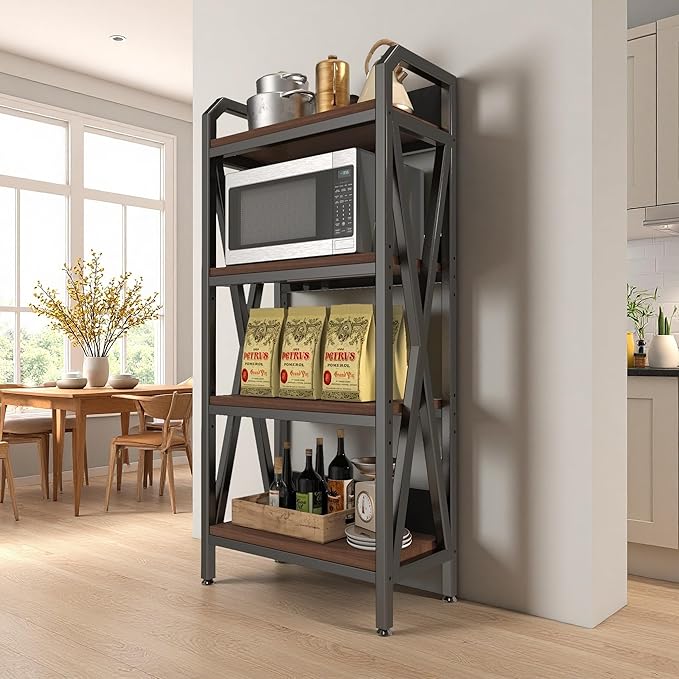 56.30'' Bakers Rack 4-Level Storage Shelves Metal and Wooden Kitchen Shelves, Kitchen Organizers and Storage, for Garage, Pantry, Bathroom, Closet (4-Tier 56.3" H x 25.6" W x 15.8" D)