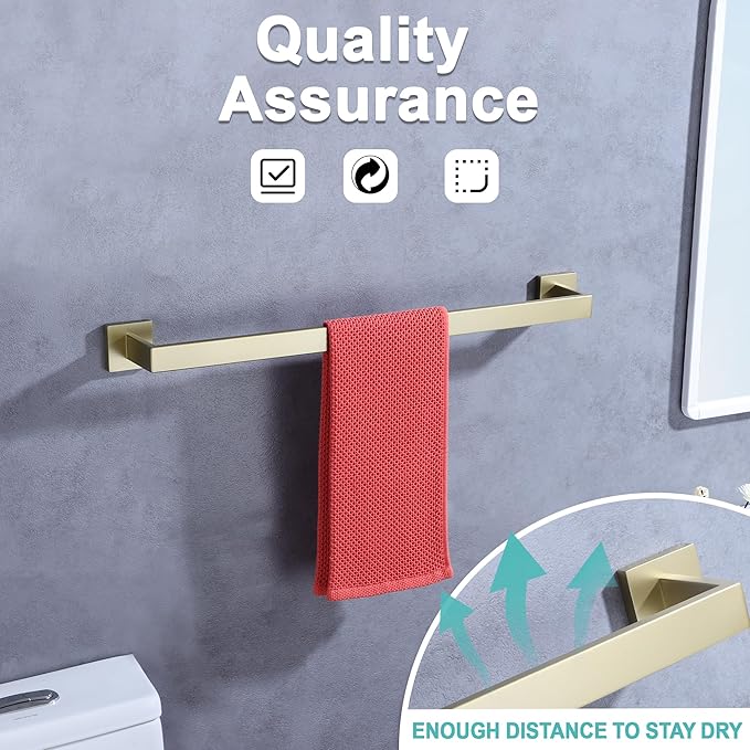LANC 32-Inche Long Towel Bars for Bathroom Wall Mounted Brushed Gold Bath Towel Racks Stainless Steel 80CM Towel Rails for Kitchen Square Gold Towel Holder Total-33.5” Towel Hanger, A8804BG-8P1