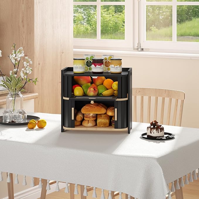 HOOBRO Bread Box, Bamboo Bread Box for Kitchen Countertop, 2 Tier Roll-Top Bread Bin, Food Storage Box, Bread Storage Container, for Kitchen, Dining Room, Black and Natural BK16MB01