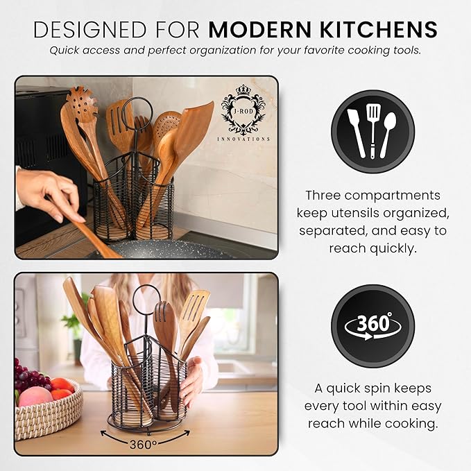 360° Rotating Utensil Holder with 9-Piece Acacia Wood Utensil Set - 100% Plastic-Free Kitchen Organizer - Large 3 Compartment Metal Countertop Crock for Spatulas & Cooking Tools (Black)