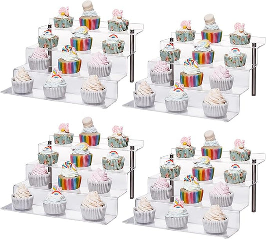 Acrylic Riser Shelf 4 Tier Clear Display Stand for Collectibles Pop Figures, Cupcakes, Perfumes, Display Risers for Decorating & Organizing - 11.8 x 10.8 x 6.5 in (Large, 4 Pack)