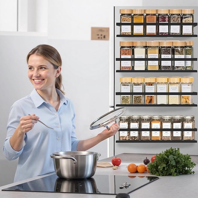 SMRCAD Magnetic Spice Rack for Refrigerator Seasoning Organizer for Spice Fridge Shelf storage Magnetic Shelf with Hook for Oven (4pack-Cut out-Black)