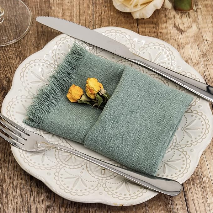 Handmade Cloth Napkins with Fringe,18 x 18 Inches Cotton Linen Napkins Set of 12 Versatile Handmade Square Rustic Fringe Napkins for Dinner, Wedding and Parties, Sage