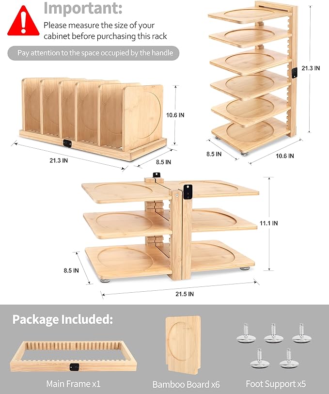 Pot and Pan Organizer under Cabinet - Collapsible Wood Pot Organizers inside Cabinet for Heavy Duty - 6-Tier Adjustable Pan Pack - Perfect to Store Pots/Pans/Lids