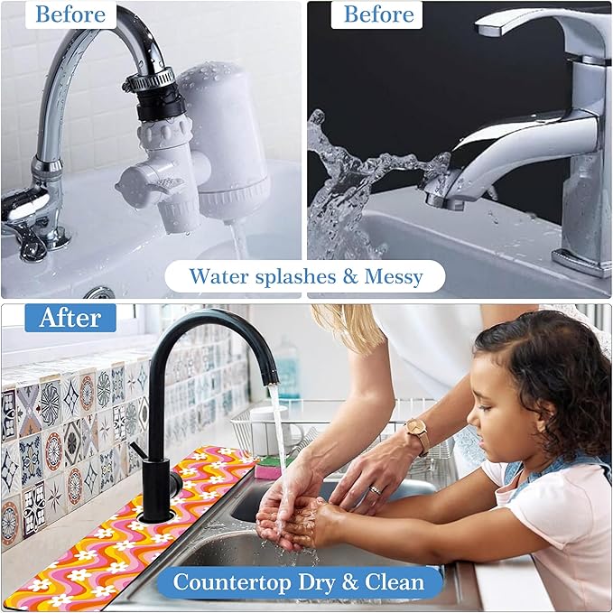 Faucet Mat Splash Guard Retro Floral Daisy, Soft Diatom Mud Material, Strong Water Absorption, Non-slip,Easy to Clean for Bathroom, Kitchen 23.5"X5.5"