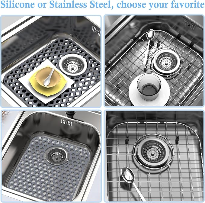 BEHOK 2 Pack Silicone Sink Protector for Kitchen Sink Bathroom, 13.58" x 11.6" Heat-resistant Sink Mat Non-Slip and Durable Silicone Protectors, Rear Drain, Gray