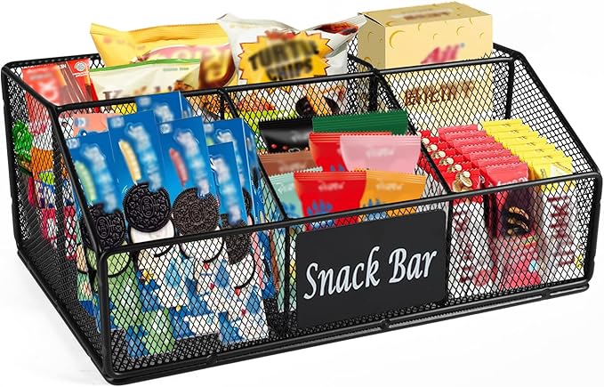 Metal Wire Snack Display Baskets,5-Compartment Snacks Storage Bin for Countertop,Office,Party,Bedroom,Kitchen,Pantry Shelf,Snacks Cabinet Dispenser Caddy for Chips,Packets