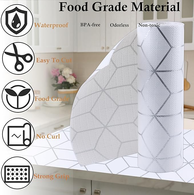 Cabinets Drawer Liner Non Slip 12 Inch Wide X 20 Ft Kitchen Pantry Shelf Liner Non Adhesive Waterproof Refrigerator Liner for Bathroom Closet Strong Grip Cupboard Under Sink Mat White