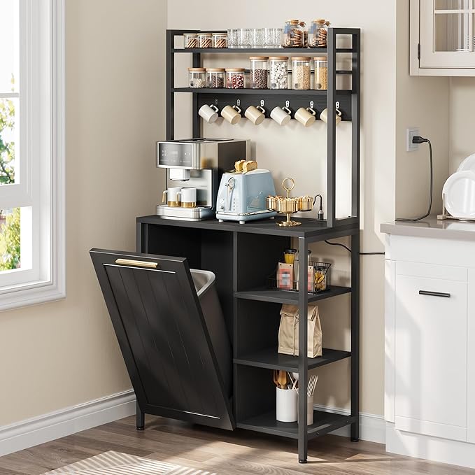 YITAHOME Black 6-Tier Pantry Cabinet with Trash Can Storage & Power Outlet, Large Freestanding Kitchen Organizer for Microwave, Coffee Bar & Dining Room, Bakers Rack with Storage