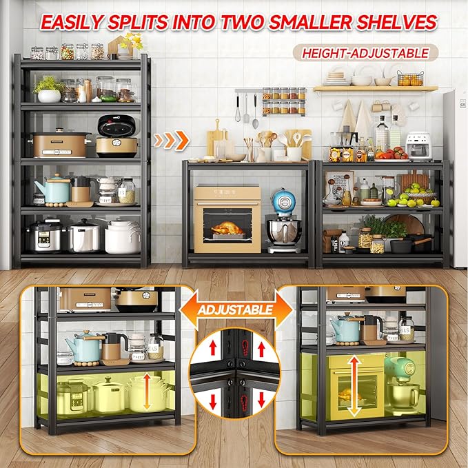 Kitchen Storage Shelves, 47.2"W × 23.6"D × 72"H Heavy Duty Durable Metal Shelving Unit, 5-Tier Adjustable Pantry Shelf, Food and Beverage Organization and Storage Shelves,Shelf Organizer, Black