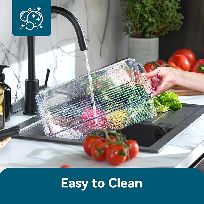 4 Piece Refrigerator Organizer Bins, Clear Fridge Organizers and Storage, Stackable with Lids, Food Storage Containers for Fruit, Vegetable, Drinks, Cereals