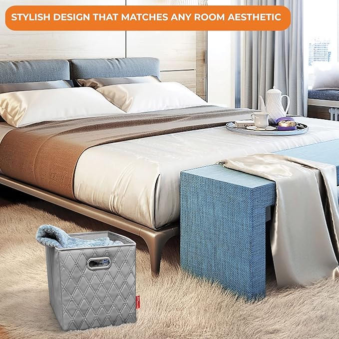 FH Group JIAessentials 11" Faux Leather Foldable Storage Cube Bins Set of 2 – Gray Diamond Patterned Organizers with Handles for Closet & Shelves