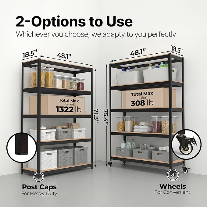 HOMEDANT House 5-Tier Metal Rolling Cart Shelf Rack Casters Heavy Duty Laminated Wheel Shelving Unit Adjustable Utility Storage Shelves Organizer Shelf Kitchen Garage (2, (L) 48.1" W, Black)