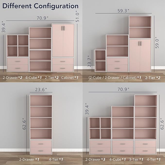 Homes: Inside + Out Apexa 4-Cube Storage Organizer Shelves, Stackable Wood Bookcase Fits Cubby Bins for Organization, Dorm Teen Room Decor & Home Office, Light Pink