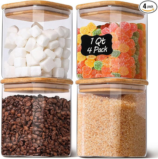 Glass Storage Containers Jar Set, Glass Jar with Lid, Pantry Organizers for Cookie Candy Tea Coffee Bean (4 pack 1qt)