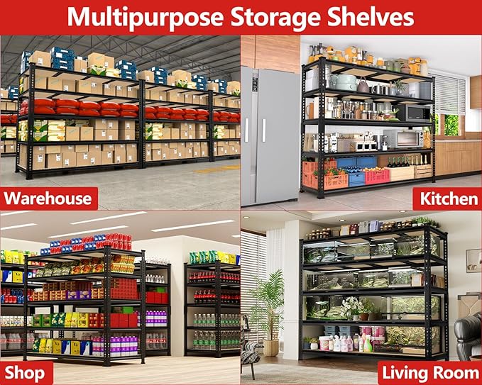 PrimeZone 60" W X 24" D X 72" H Heavy Duty Garage Storage Shelves - Adjustable Metal Shelving Unit, 5 Tier Industrial Shelves for Storage Standing Utility Rack for Warehouse, Basement, Black, 2 Pack