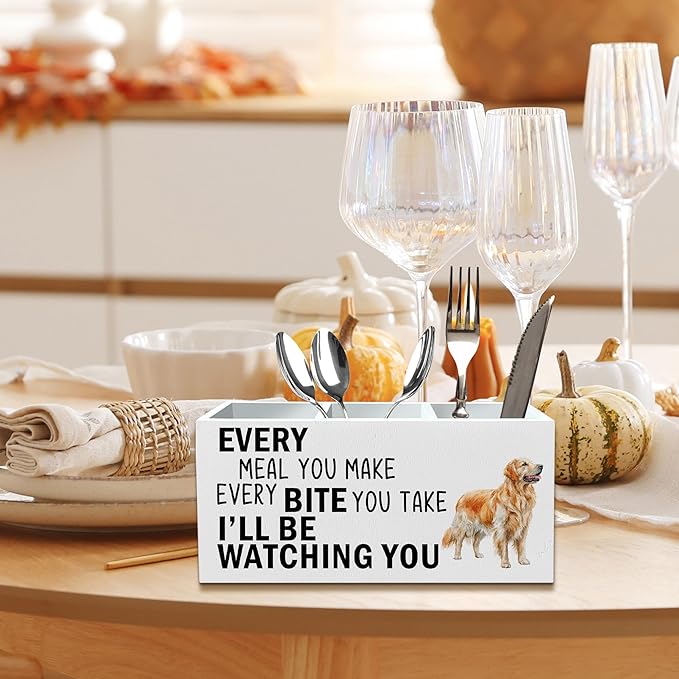 Golden Retriever Dog Kitchen Utensil Holder for Countertop, Dog Decorative Lover Gifts, Funny Every Meal You Make Every Bite You Take Wooden Utensil Holder Organizer for Kitchen Table Decor