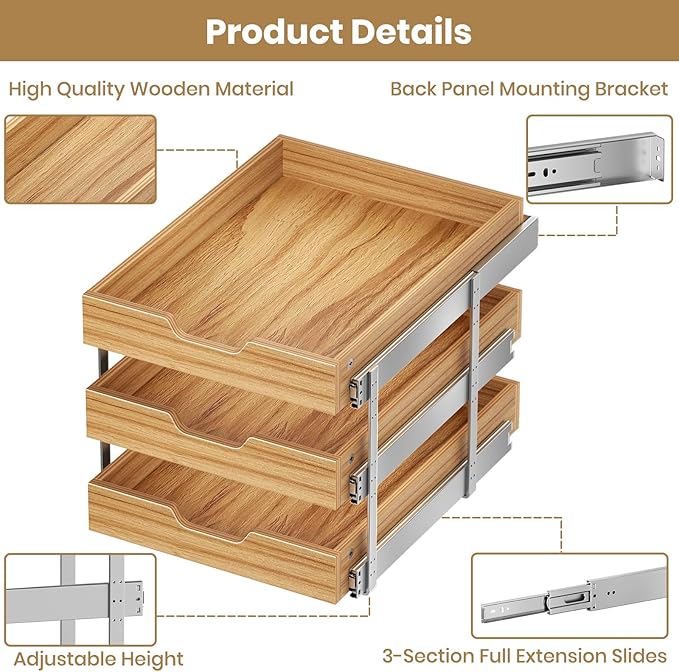 ROOMTEC 3 Tier Pull Out Cabinet Organizer, Heavy-Duty Pull Out Drawer, Slide Out Wood Shelf for Cabinets, Base Cabinet Organization for Pantry, Bathroom (16½"Wx21 D)