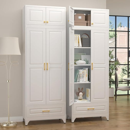 90" Kitchen Pantry Cabinet with Drawer, Metal Storage Cabinets with Doors and 4 Adjustable Shelves,White Kitchen Cabinet with 2 Gold Handles,Food Cupboard for Livingroom,Pantry, Bathroom