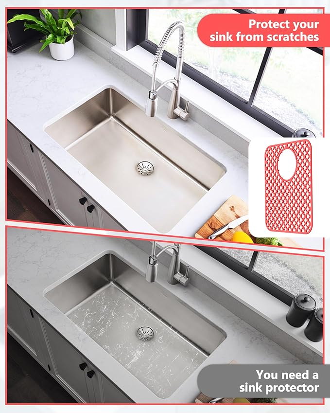 BEHOK 2 Pack Silicone Sink Protectors for Kitchen Sink, Lozenge Pattern 13 x 11 Inches Sink Mat, Non-Slip and Durable Sink Protector Silicone, Rear Drain, Red