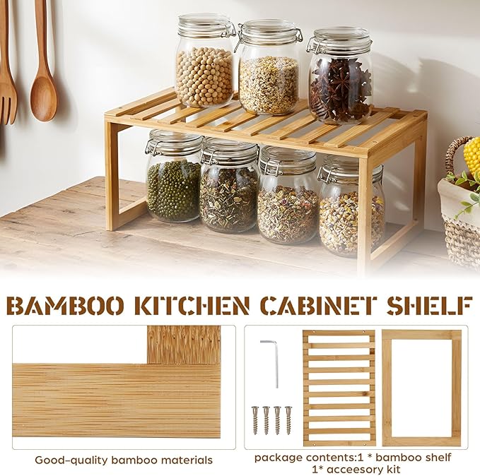 2 Pcs Kitchen Cabinet Organizer Bamboo Bookshelf Bamboo Kitchen Shelves, Cabinet Shelf Organizer, Storage Shelves for Pantry Bathroom Dining Room Study Laundry