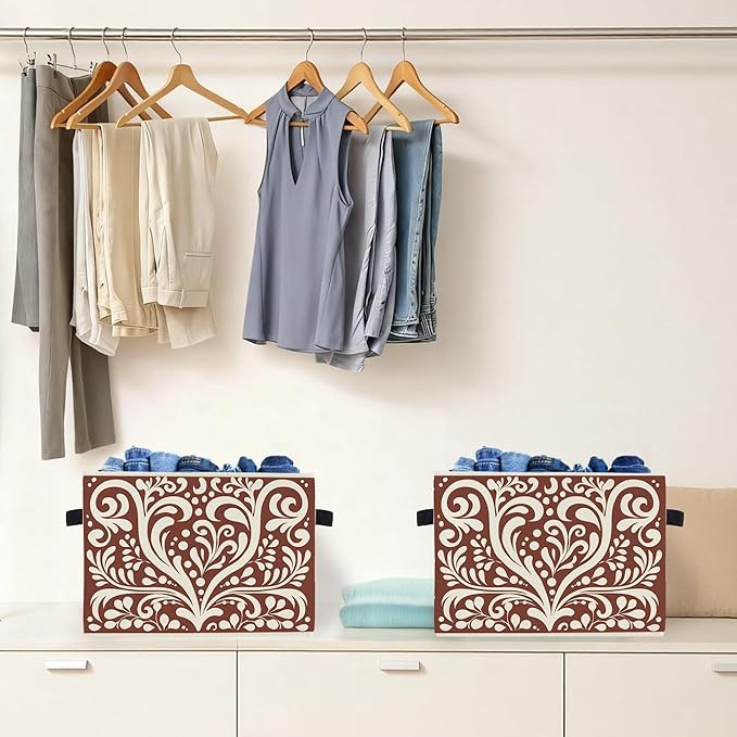 Vintage Reddish Brown Abstract Floral Storage Box Bins, Boho Classical Art Nouveau Deco Flower Collapsible Storage Basket Organizer for Bedroom Laundry Room Home Clothes Toys Books