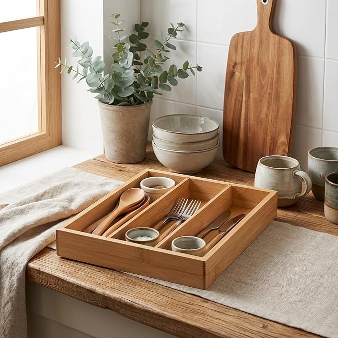 Wooden Silverware Organizer for Drawer, Bamboo Utensil Drawer Organizers, Kitchen Utensil Organizer Tray with 3 Storage Compartments, Flatware Organizers for Cutlery Flatware "9.84 x 8.27 x 1.57"