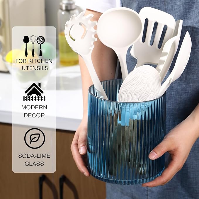 Blue Utensil Holder, 6.3" Glass Kitchen Utensil Holder for Countertop, Large Cooking Utensil Holders for Kitchen Counter, Utensil Crocks for Farmhouse Decor