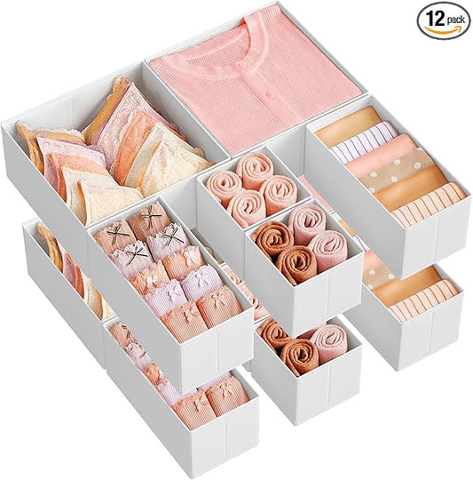 SONGMICS Drawer Organizer,Dresser Drawer Organizers, Set of 12, Foldable Fabric Storage Bins for Socks, Underwear, Bras, Ties, Scarves, Cloud White URDZ006W02