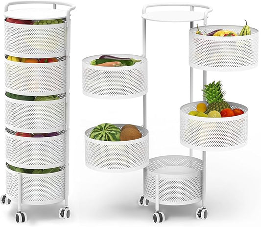 JAQ 5-Tier No Assembly White Rotating Storage Rack, Large Capacity Utility Cart for Kitchen Bathroom Nursery, Heavy Duty Fruit Vegetable Stand, White