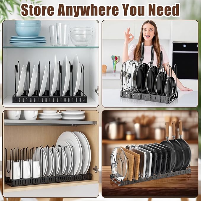 2 Pack Pot & Pans Organizer Kit for Cabinet, 8 Tier Adjustable Pot & Pans Organizer Rack, Expandable Cutting Board Storage Rack Baking Tray Cookie Sheet Holder with 14 Adjustable Divider Kitchen