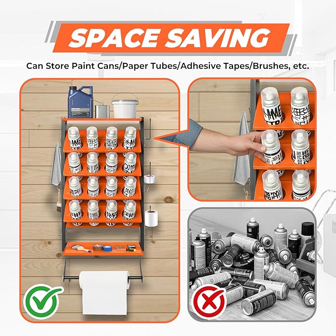 4-Tier Spray Paint Can Holder Rack Wall-Mount, Heavy Duty Spray Bottle Lube Can Organizer, 16 Can Storage Rack with Paper Towel Rod, Ideal for Garage/Workshop/Home,Orange