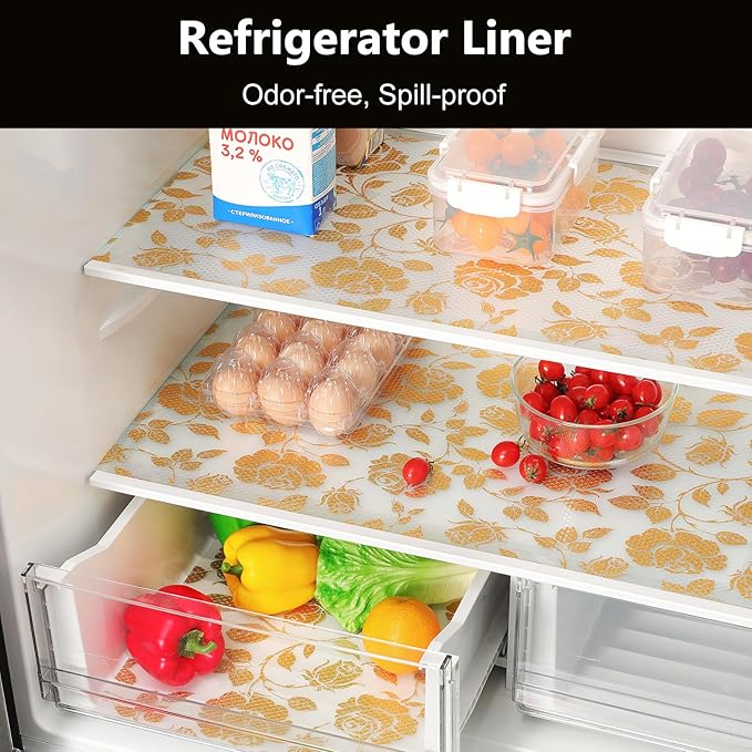 INNOLITES Shelf Liner for Cabinets, Non-Adhesive for Kitchen Drawer Liner, Waterproof Shelf Paper with Floral Pattern, Durable Easy to Clean (Golden Rose, 17.7" x 360")