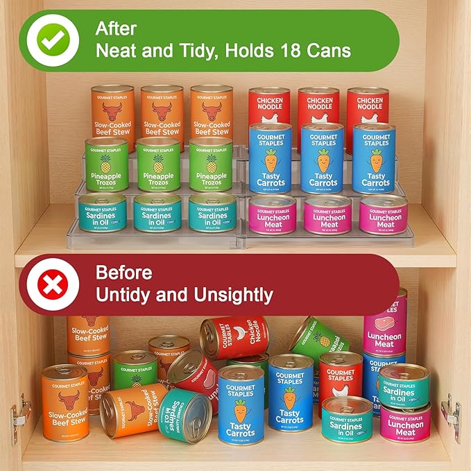 Expandable Can Rack Organizer, 3-Tier Adjustable Length Can Storage Holder, Set of 2 Holds Up to 36 Cans, Stability with Non-Skid Shelf, Canned Goods Storage Display for Pantry, Cabinet, Countertop