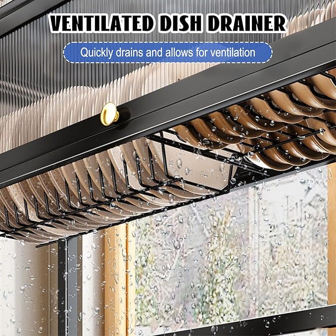 Over Sink Dish Drying Rack 2 Tier Stainless Steel Dish Drainer with Cover and Utensil Holders Large Capacity Space Saving Kitchen Organizer