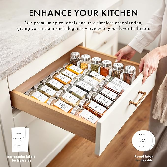 Minimalist Spice Jar Labels Self-Adhesive - 240 Stickers for Spice Jars, Spice Jars & Drawers, Round & Rectangular, Waterproof Spice Organiser Labels for Kitchen Organisation (White)