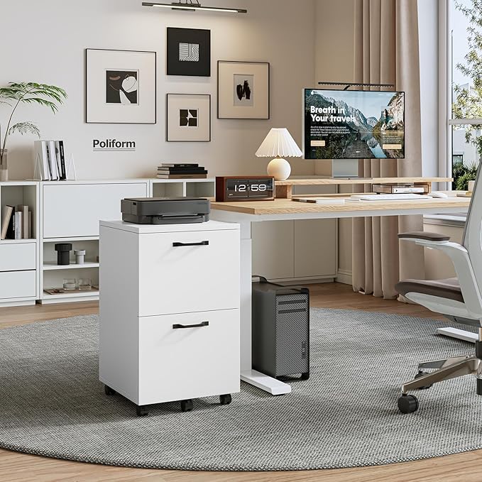 Sweetcrispy 2 Drawer Filing Cabinet White, Rolling Wood File Cabinets with Printer Stand Under Desk Storage Lockable Wheels, Home Office Organizer for A4 Letter Legal Size Documents