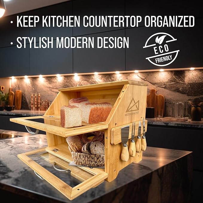 Extra Large Bread Box with Cutting Board & Knife Set | 7 Piece Set | Bamboo Breadbox | Bread Boxes for Kitchen Countertop | Bread Storage Container| Assembly Required