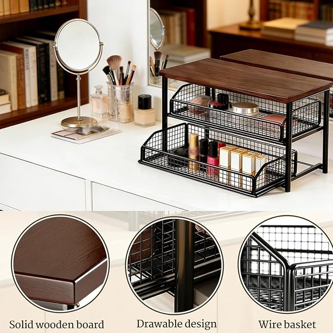 Kitchen Countertop Organizer with Drawer and Wire Basket, 2-Tier Hardwood Shelf for Microwave, Sturdy Hardwood Shelf, Space-Saving, for Storage in Family Tables, Kitchens, Bedroom Home (2, A-4)