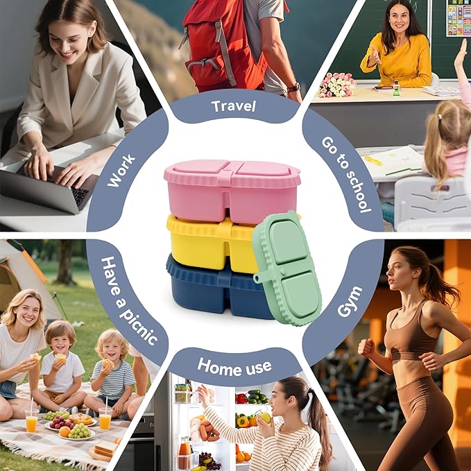 4 Pack Reusable Silicone Snack Containers with Lids, 8.5 oz- 2 Compartments, BPA-Free,Leakproof, Portable Silicone Lunch box, Snacks, Office，Picnic，Travel