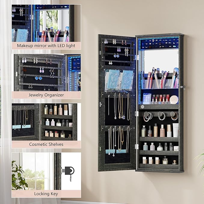 43.5" Over the Door Jewelry Organizer, Mirror with Storage and Lockable, Full Length Mirror Cabinet with Hanging Holder & Built-in Lights Makeup Mirror, Women/Girls (Wood Grain Brown)