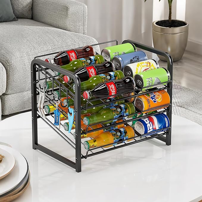 MIKEE 3-Tier Stackable Can Organizer for Pantry, Rolling Soda Can Dispenser with Removable Rubber Strips, Multi-Scenario Storage for Pantry&Kitchen for Cans & Bottles,Storage for 36 Cans, Black