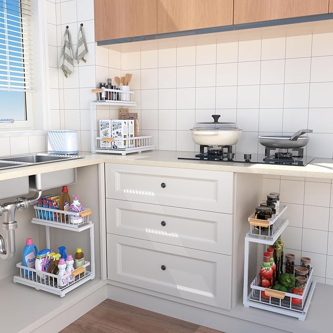 Under Sink Organizer, Pull Out Cabinet Organizer 2 Tier Slide Out Sink Shelf Cabinet Storage Shelves,Kitchen & Bathroom Organizers,Metal (White, 1 Pack-14.6 * 10.6 * 16.5in)