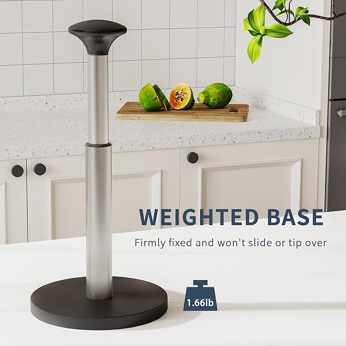 Paper Towel Holder Countertop, Standing Paper Towel Dispenser with Weighted Base, Stainless Steel Paper Towel Holder for Kitchen, One-Handed Operation(Matte Black)