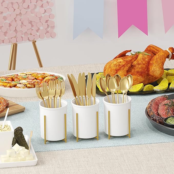 Lifewit Plastic Silverware Holder for Kitchen Countertop, Cutlery Flatware Caddy with Metal Bracket, Utensil Spoon Fork knives Organizer for Party Picnic, Gold, 3 Pack