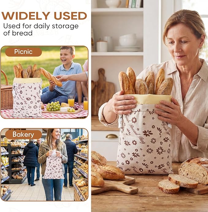 Beeswax Bread Bags for Sourdough 17in*12in Sealed Bag with Snap Closure Reusable Cotton Beeswax Bag for Homemade Bread Freezer-Friendly Freshness Preservation Food Storage 2 Pack（Brown Flowers）