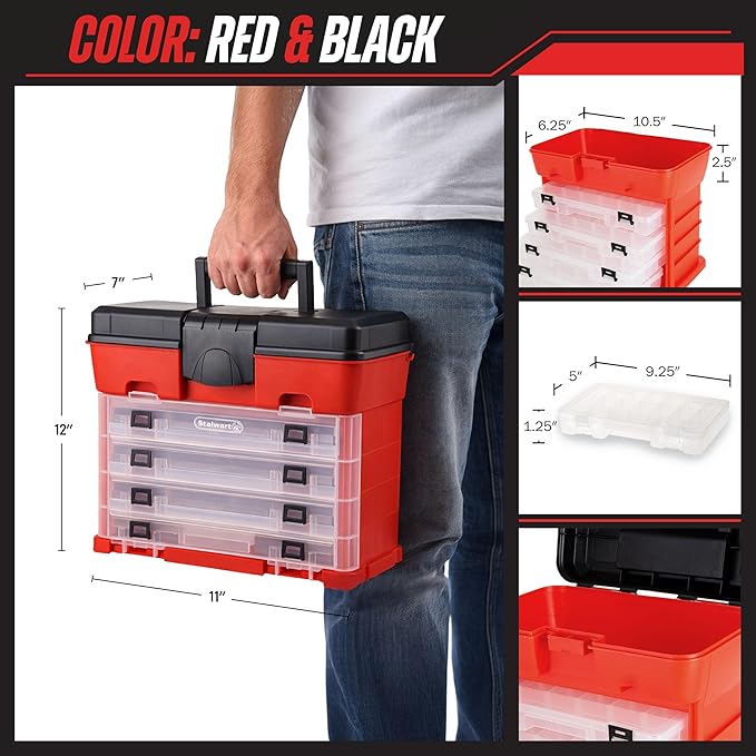 Portable Tool Storage Box - Small Parts Organizer with 4 Multi-Compartment Trays for Fishing Tackle, Hand Tools, or Craft Supplies by Stalwart