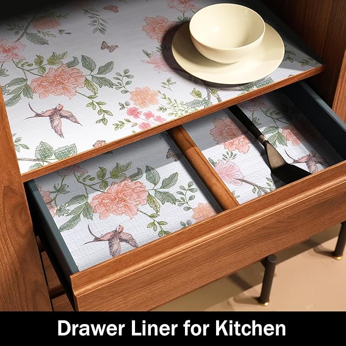 Amiitay Bird Floral Shelf Liners Non Adhesive and Strong Non-Slip Shelf and Drawer Liners for Kitchen Cabinet Wire Fridge, Waterproof Shelf Drawer Liner,Easy to Clean,12IN x 10FT